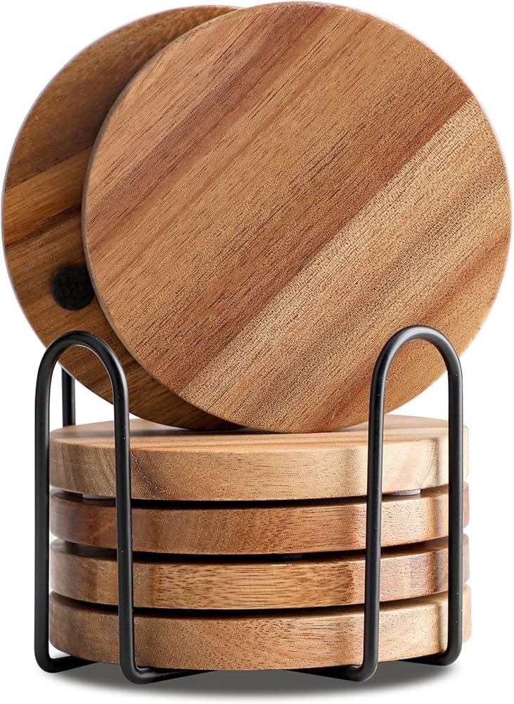 Wood Coasters for Drinks Tabletop Protection with Holder Set of 6, Acacia Wooden Coasters for Cof... | Amazon (US)