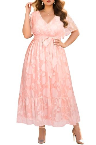 Plus Size Pink Dress for Women Summer Maxi Wrap V Neck Easter Semi Formal Lace Floral Long Flowy Dresses with Belt | Amazon (US)