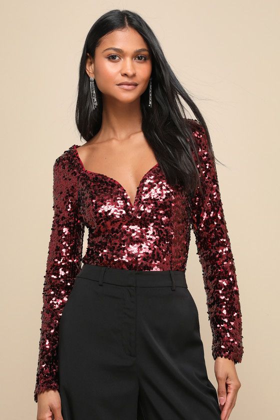 Dazzling Charisma Burgundy Sequin Notched Long Sleeve Top | Lulus (US)