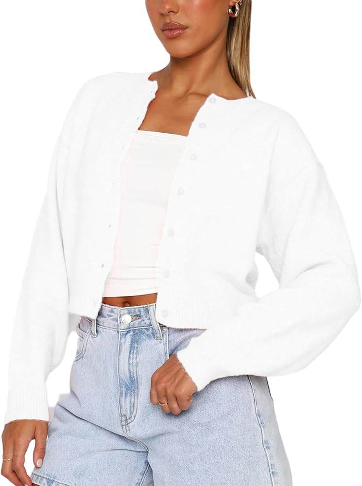 Women Y2K Button Front Crop Sweater Cardigan Solid Color Crew Neck Long Sleeve Knit Fall Tops Str... | Amazon (US)
