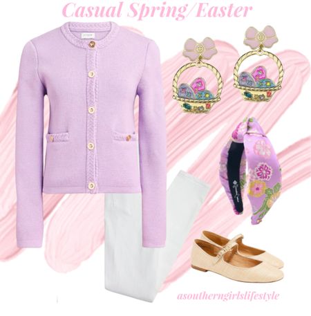 Lavender, Florals & Eggs for Spring/Easter Casual Outfit

Gold Blingy Basket Earrings (got these last year) & Lavender Floral Sill Headband are BriannaCannon.com & my discount code is: 10Anna 

New Lavender Lady Jacket Cardigan, White Jeans & Woven Mary Jane Flats - all are on Sale! 

JCrew Factory. Easter. Spring Outfit  

#LTKsalealert #LTKstyletip #LTKSeasonal