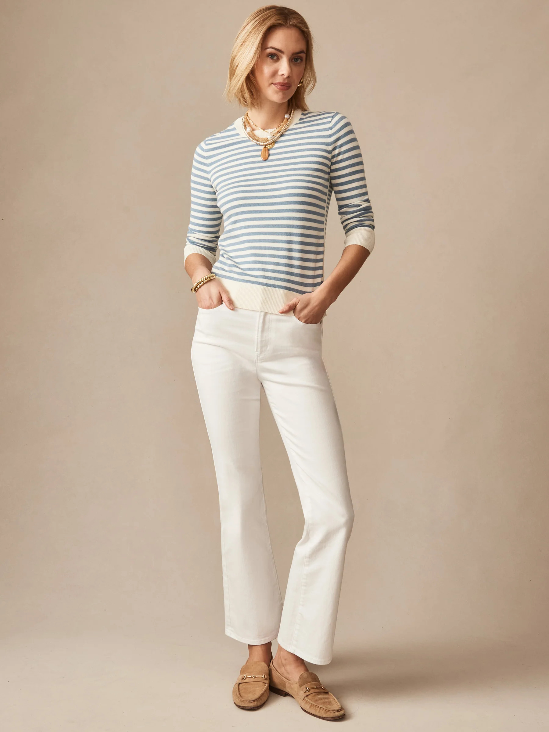 Egret_White/Denim_Blue Stripe Tierney Sweater | Women's Sweaters | J.McLaughlin | J.McLaughlin