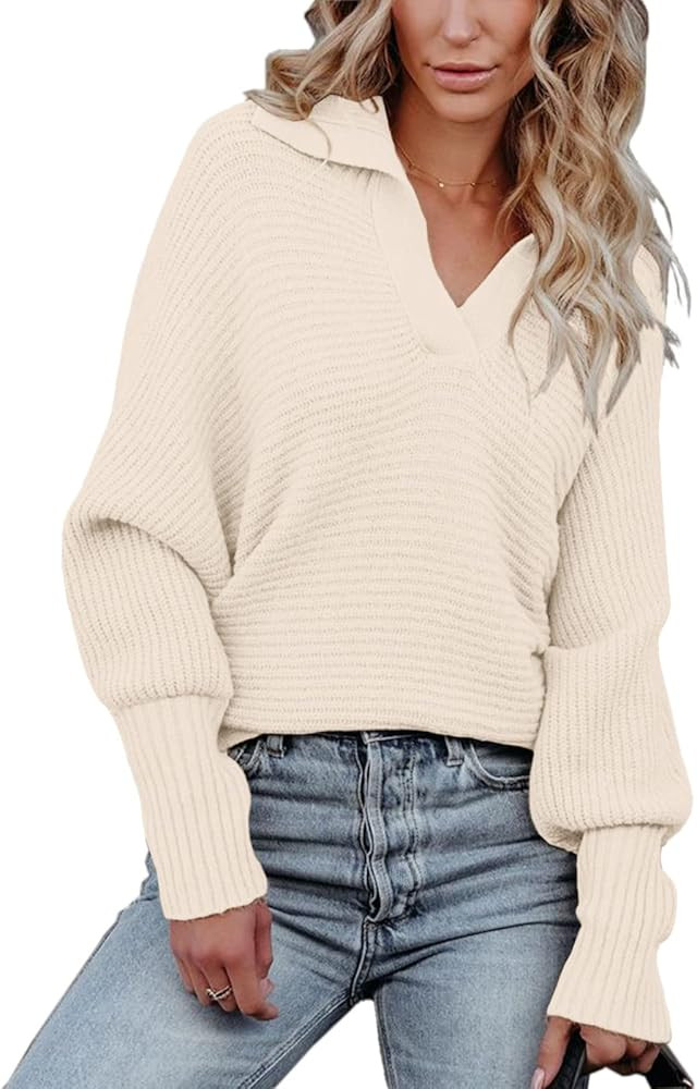 Womens Long Sleeve Knit Sweaters V Neck Collared Batwing Pullover Sweater Casual Loose Ribbed Jumper | Amazon (US)
