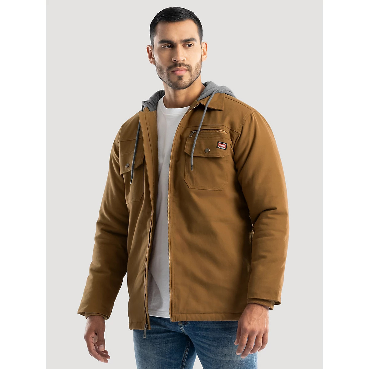 Men's Hooded Workwear Quilted Lined Shirt Jacket in Rubber Brown | Wrangler