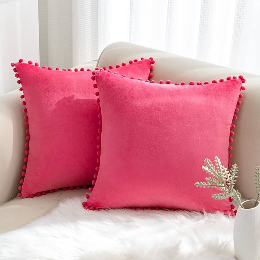 VK VK·LIVING Throw Pillow Covers 18x18 Decorative Pillow Covers with Pom-poms, Soft Velvet Hot P... | Amazon (US)