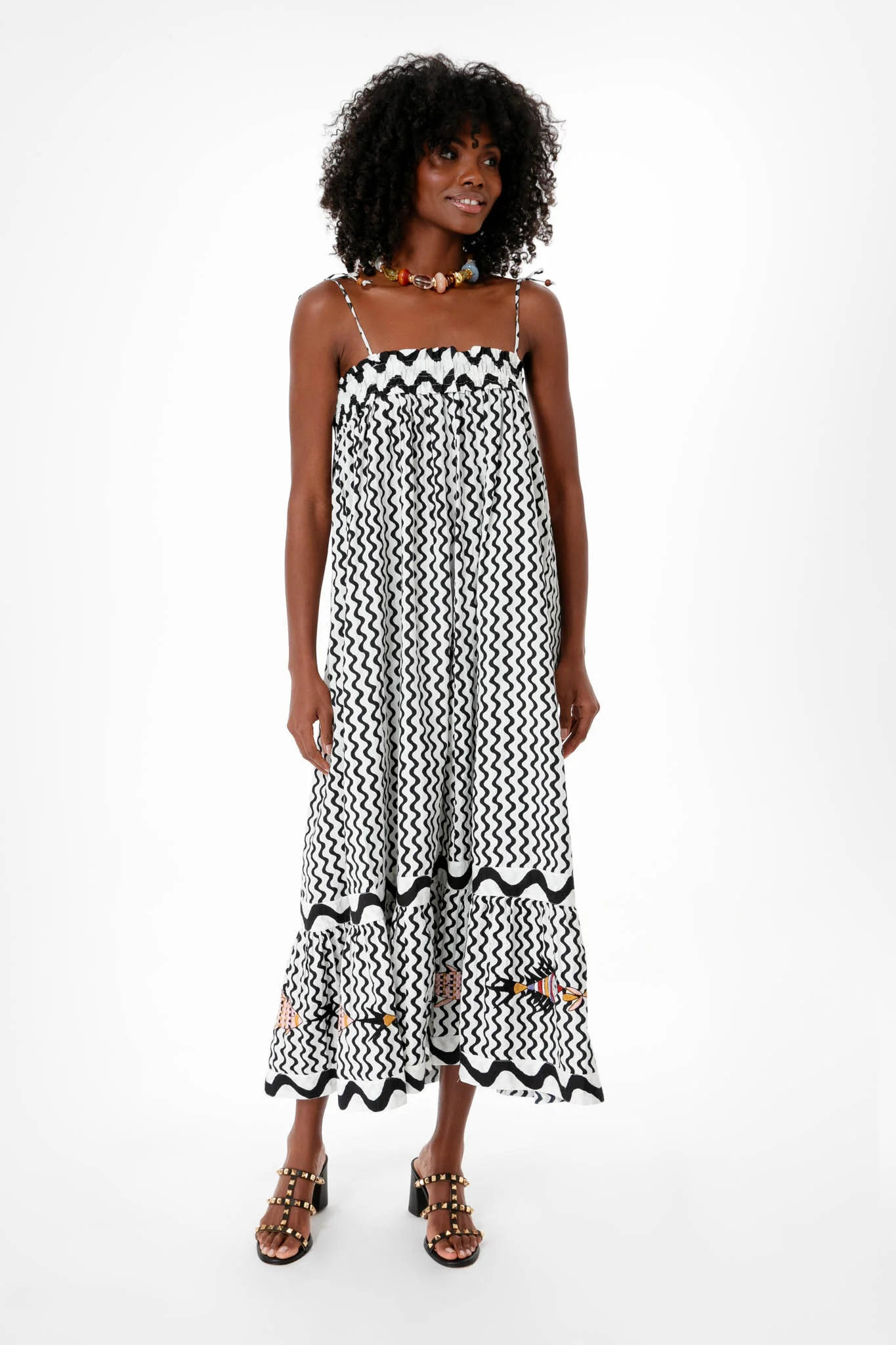 Black Ripple Tie Strap Smocked Straight Midi Dress | Tuckernuck (US)