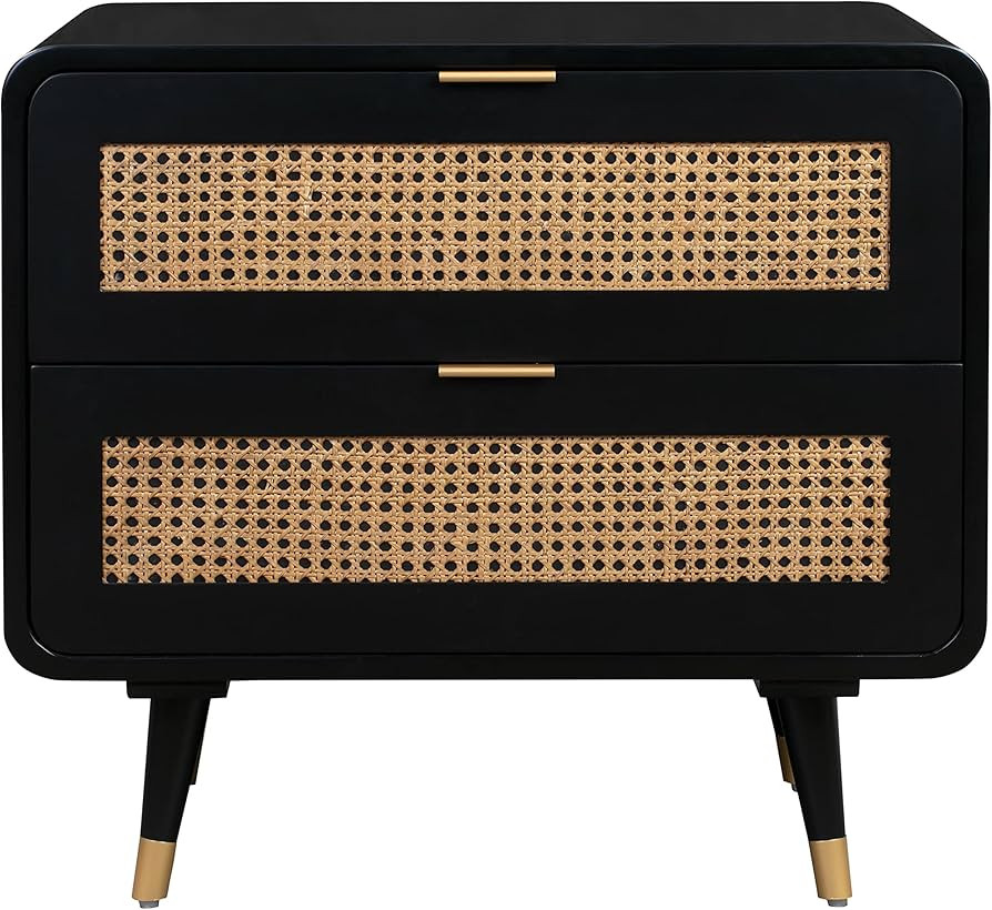 Tov Furniture Christine Black Acacia Wood and Natural Cane Rattan 2 Drawer 27" Nightstand with Br... | Amazon (US)