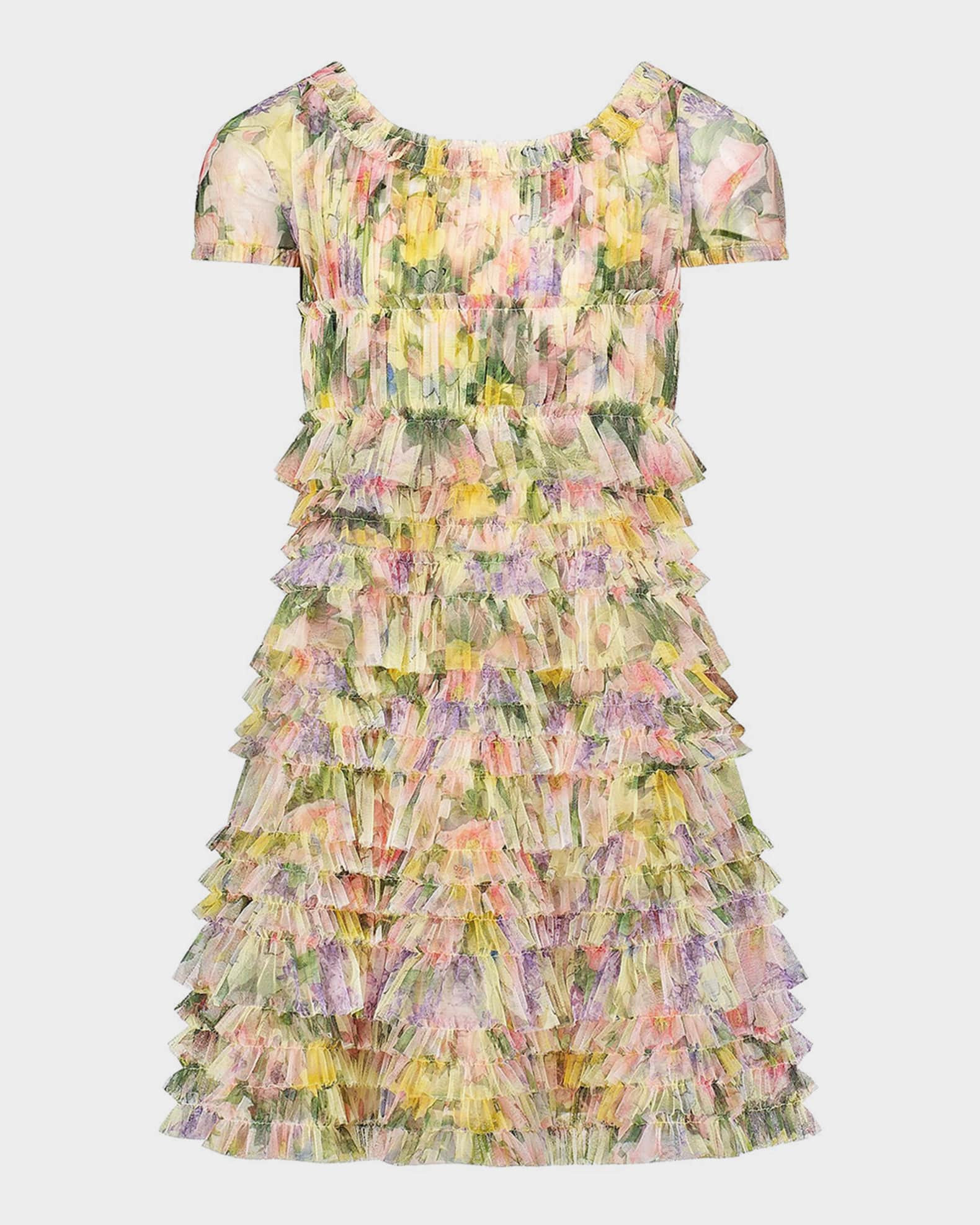 Girl's Tiered Ruffle Floral Mesh Dress, Size 2-14 | Neiman Marcus