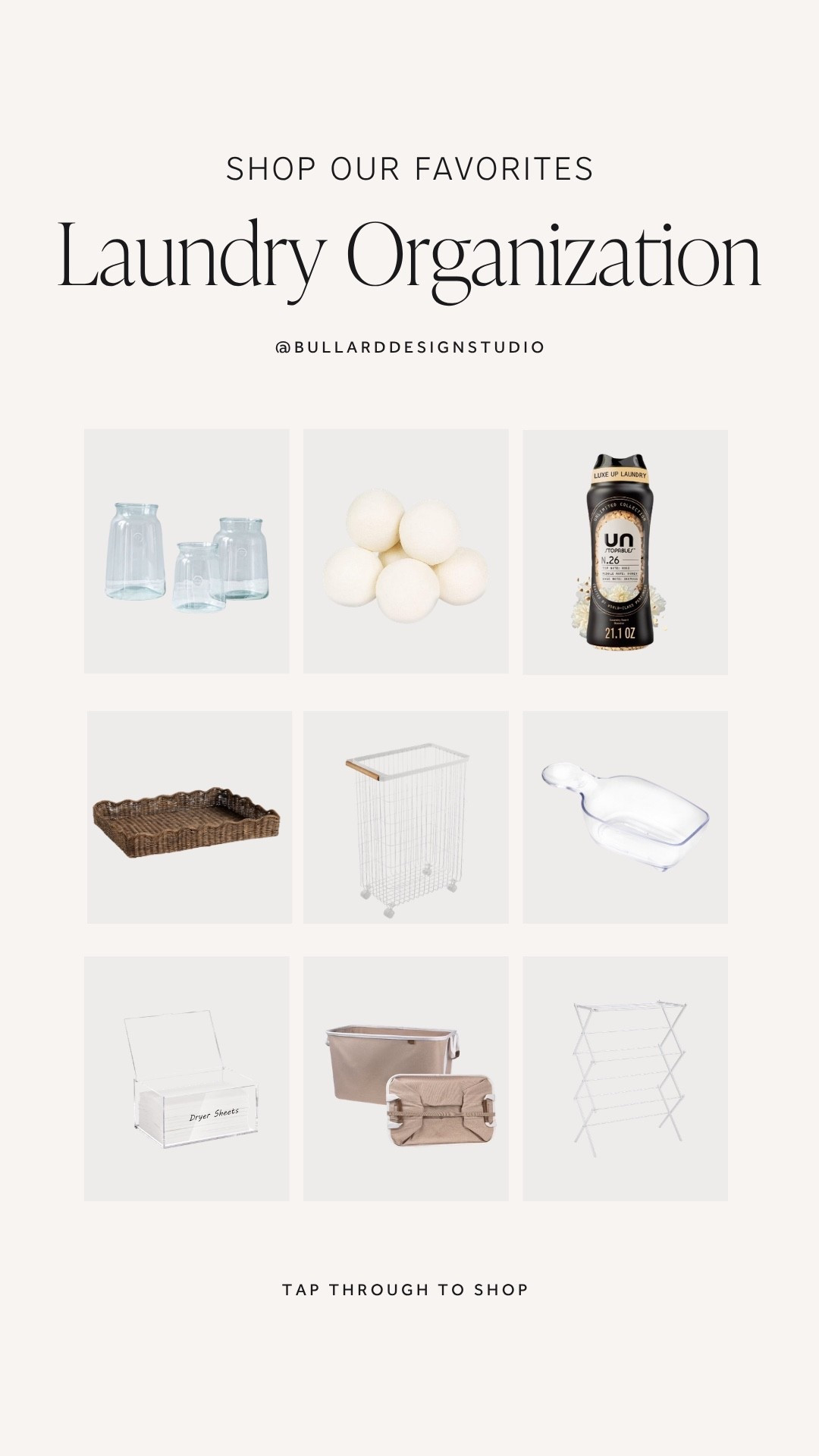 All of my laundry favorites! 

#Laundry #Organization #LaundryRoom #Design #DryerBalls #GlassContainers #CollapsibleLaundryBasket #WoolenBasket #ClearScoop