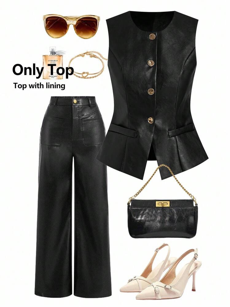 Ellevyn Women's Autumn Suit Pu Leather Black Motorcycle Jacket Vest Airport For Women Teacher For Women Business Casual Women Leather Top Business Casual Woman Old Money Fall Women Top With Lining Black Pu Autumn Shirt Jacket Shirt With Metal Buttons Business Casual Woman Business Professional Women Winter Jacket Back To School Teacher For Women | SHEIN