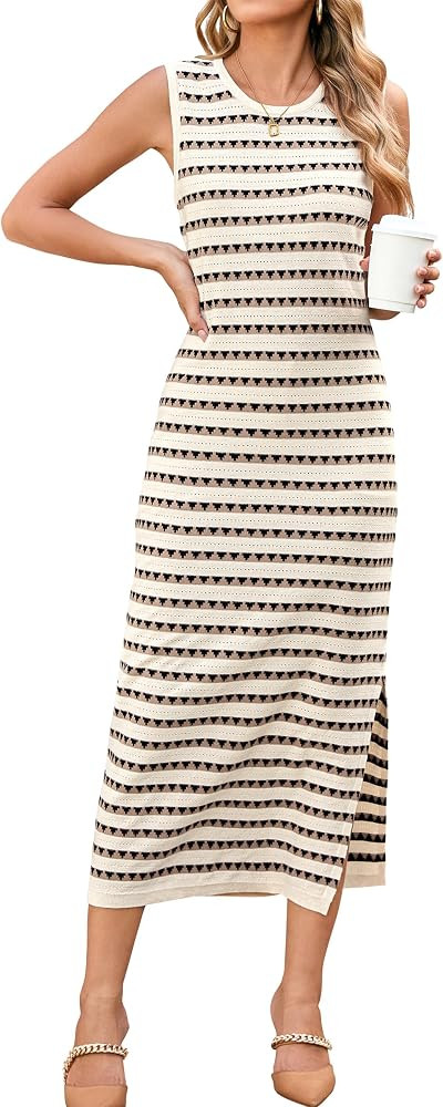 OUGES Women's 2024 Summer Maternity Dress Knit Sleeveless Crewneck Midi Dress Side Slit Striped B... | Amazon (US)