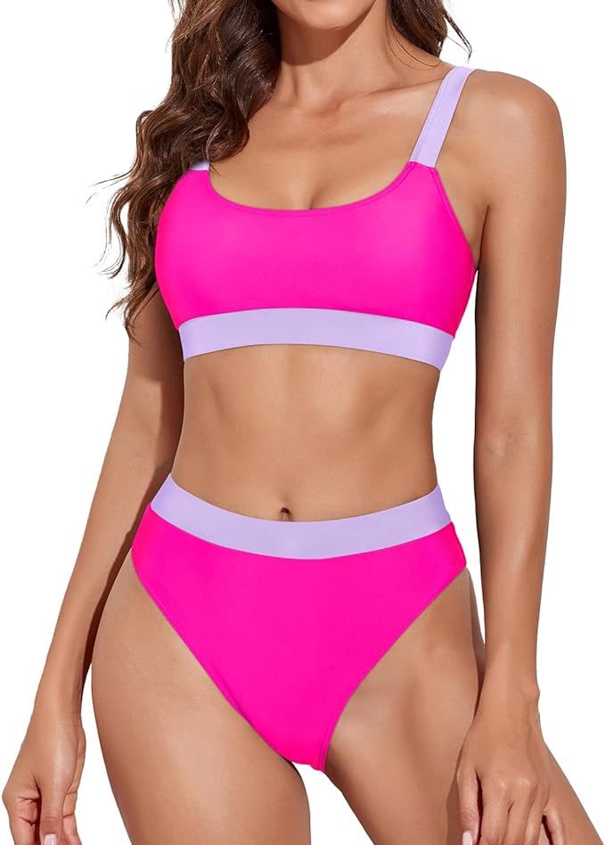 Tempt Me Women High Waisted Bikini Two Piece Swimsuits Teen Scoop Neck Sport Bathing Suits | Amazon (US)