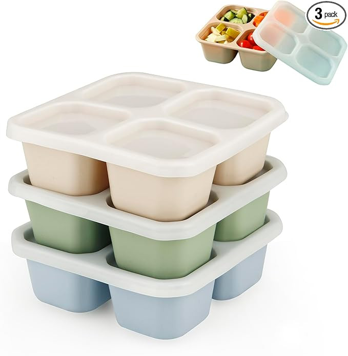 PandaEar 3 Pack Snack Containers, 4 Compartment Silicone Bento Lunch Snack Box with Lids, Reusabl... | Amazon (US)
