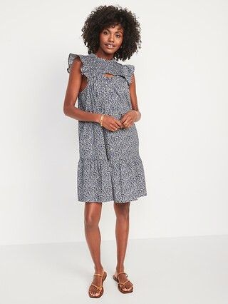 Flutter-Sleeve Cotton-Poplin Smocked Cut-Out Mini Swing Dress for Women | Old Navy (US)