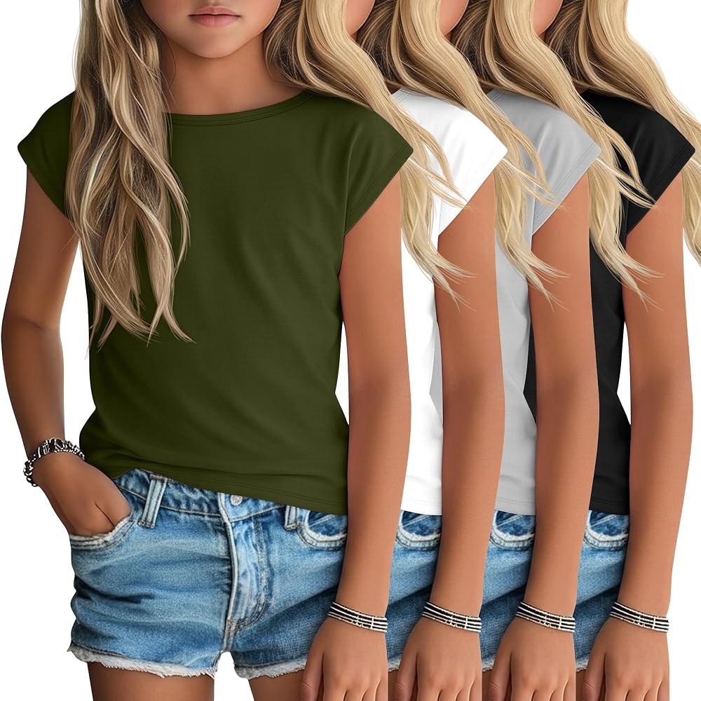 4 Pack Girls Short Cap Sleeve T Shirts Kids Loose Boat Neck Basic Tees Summer Casual Tops Multipa... | Amazon (US)