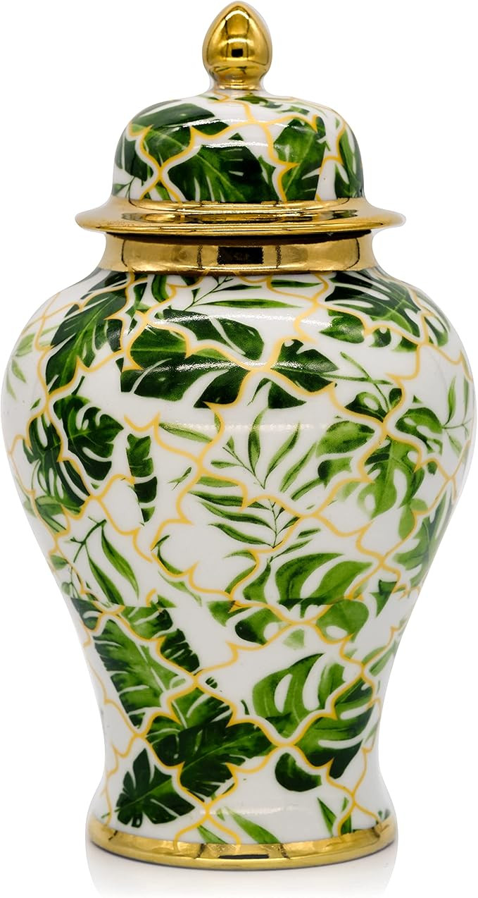 BALIOS Decor Handmade Gold Trim Green and Golden Porcelain Greenery Ginger Jar with Lid, 9.1”H ... | Amazon (US)