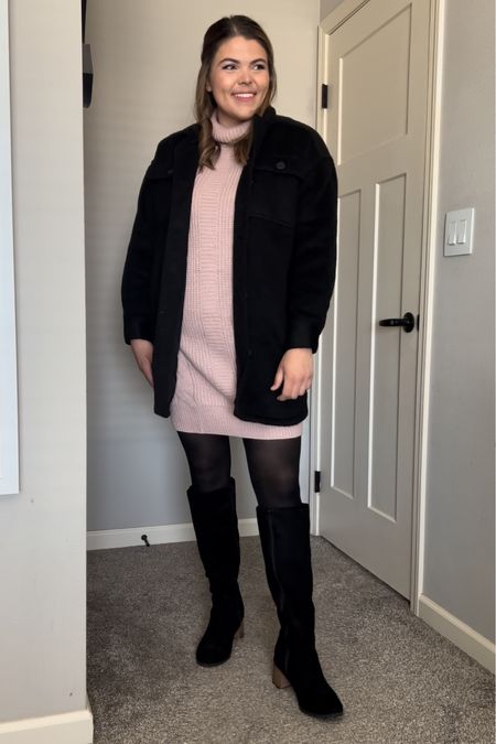 Thanksgiving outfit inspiration! The sweater dress from Amazon is great in a size large, I love my sheertex tights as they don’t rip or snag and they last forever. Size large. Shacket from old navy #size12 #midsize 



#LTKsalealert #LTKHoliday #LTKcurves
