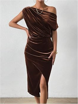 SweatyRocks Women's Off The Shoulder Asymmetrical Velvet Midi Dress Short Sleeve Ruched Elegant P... | Amazon (US)