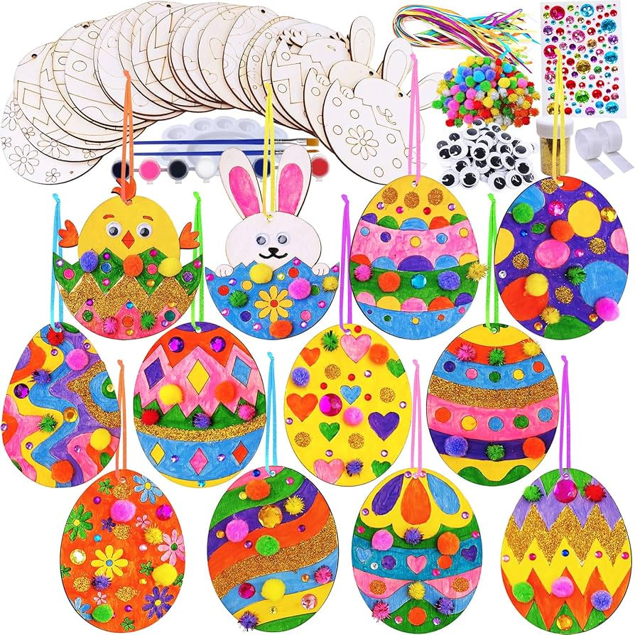 36 Sets Wooden Easter Ornaments Decorations DIY Easter Craft Kits Assorted Paintable Unfinished W... | Amazon (US)