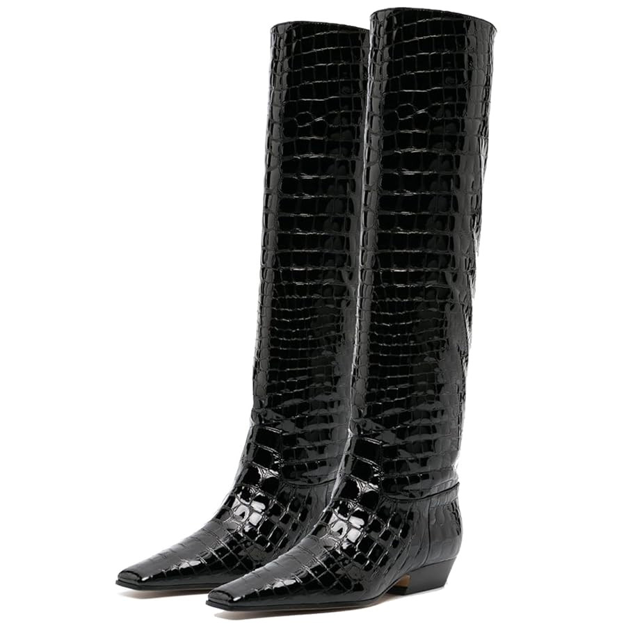 MOOMMO Women Flat Heel Knee High Boots Square Toe Pull On Long Boots Suede Slouch Low Heel Dress ... | Amazon (US)