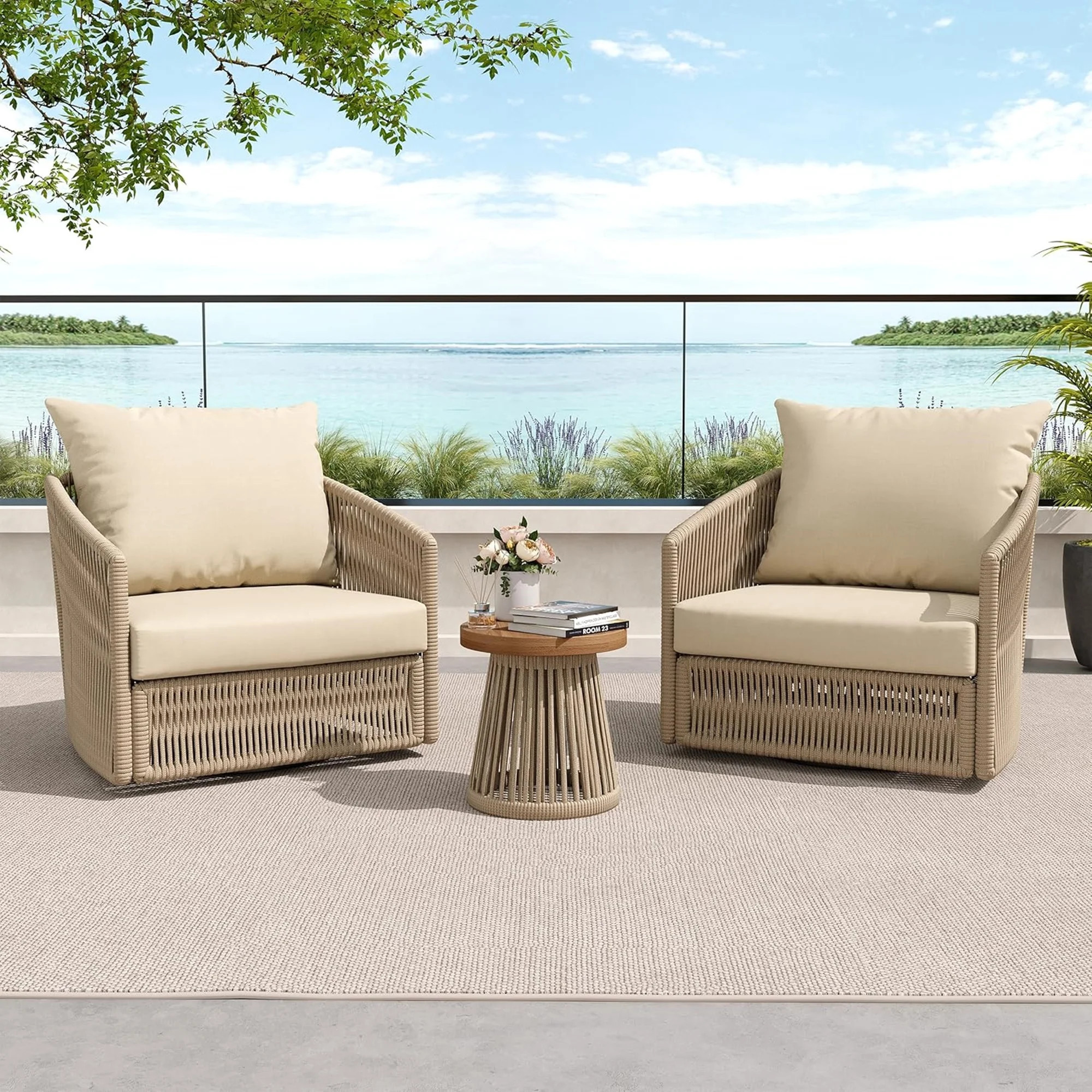 DREAMSIDEA 3 Pcs Outdoor Patio Furniture Set, Outdoor Swivel Bistro Set with Coffee Table, PE Wicker Rope Patio Furniture Conversation Sets for Balcony&Poolside, Khaki | Walmart (US)
