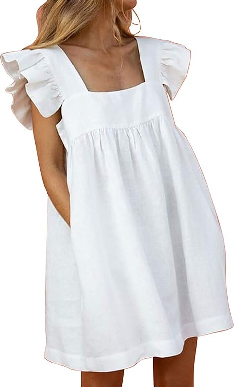 Qiaomai Women's Casual Square Neck Fly Sleeve Pocketed Ruffle Dress | Amazon (US)