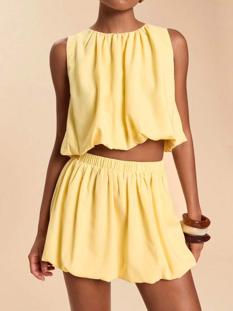 Travachic Solid Color Pleated Sleeveless Top & Ruffle Mini Skirt Set,Vacation Casual Terno Outfit For Women,Summer Holiday Outfits,Spring Break Outfits,Party Outfit,Beach Outfit,Spring Clothing,Valentine's Day,Valentine Outfits For Women,Carnival Costume,Elegant,Floral,Carnival,Spring To Summer ,Party ,Summer Suit,Valentine's Day Suit,Wedding Guest Suit For Women,Birthday Suit,Party Suit,Elegant Suit For Women,Floral Suit,Summer Suit,Carnival Costume, Mexican Style Suit Women Boho Suit For Women,Yellow Set,Lantern Top And Lantern Skirt,Tropical Vacation, Bohemian Outfits, Ibiza Outfits, Western Style | SHEIN