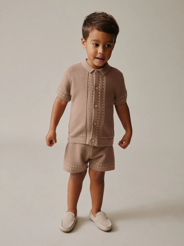 Tan Brown Textured Knitted Button Through Polo Shirt and Shorts Set (3mths-10yrs) | Next US