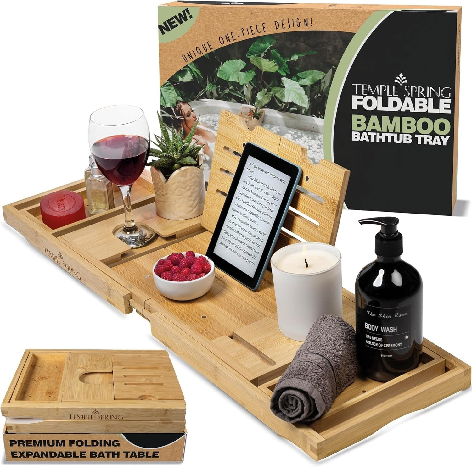 Temple Spring Foldable Bathtub Tray, Unique Design Selfcare Bathroom Caddy, Bamboo Spa Bathroom T... | Amazon (US)