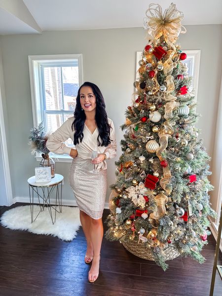 Under $40 amazon sparkly tie waist holiday dress (small, 5+ colors), under $20 amazon clear and tan heels (tts)— a perfect holiday party or New Year’s Eve dress! #founditonamazon 

#LTKparties #LTKHoliday #LTKCyberWeek
