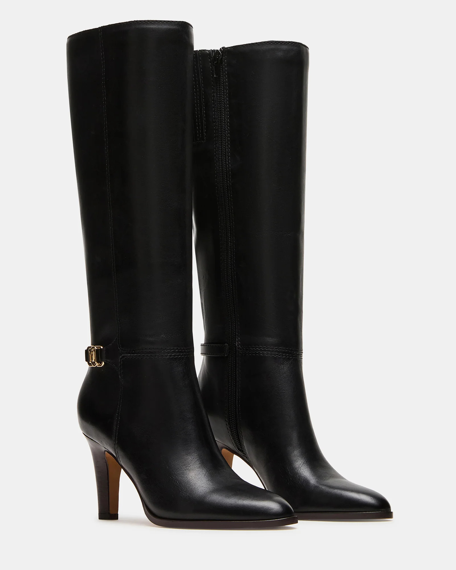RHETT Black Leather Knee-High Heeled Women's Boot | Steve Madden (US)