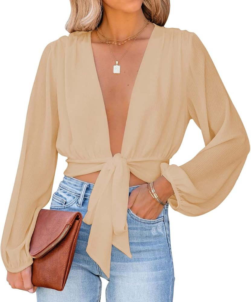 LYANER Women's Deep V Neck Tie Front Knot Long Sleeve Sexy Wrap Crop Top Blouse | Amazon (US)