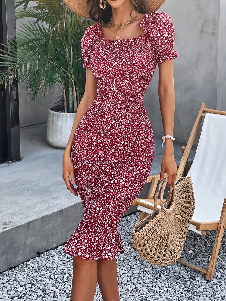 Ditsy Floral Puff Sleeve Shirred Bodycon Dress | SHEIN