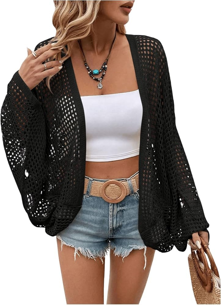 Verdusa Women's Hollow Out Open Front Long Sleeve Oversized Knitted Cardigan Sweater | Amazon (US)