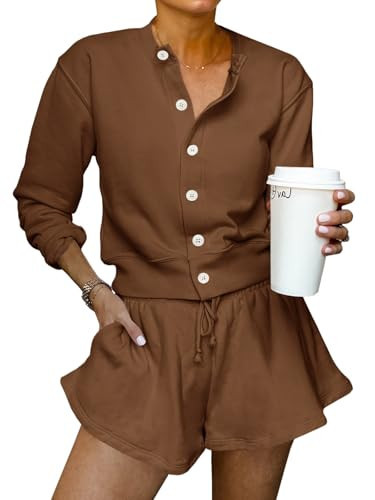 Tankaneo Womens 2 Piece Outfits Sweatsuit Button Down Tops and Shorts Casual Matching Lounge Set Travel Tracksuit | Amazon (US)