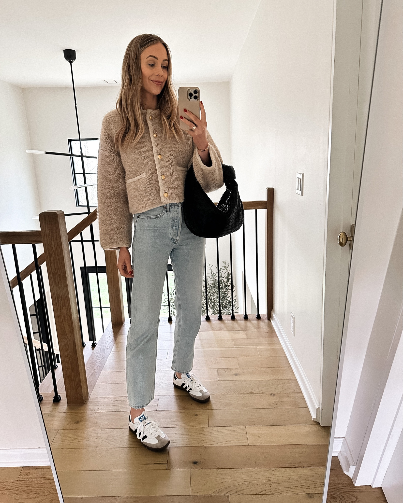 Fashion Jackson wearing Celine cardigan, AGOLDE jeans (tts), samba sneakers, Bottega handbag #fashionjackson #sneakers #outfitinspo 

#LTKstyletip #LTKshoecrush #LTKunder100