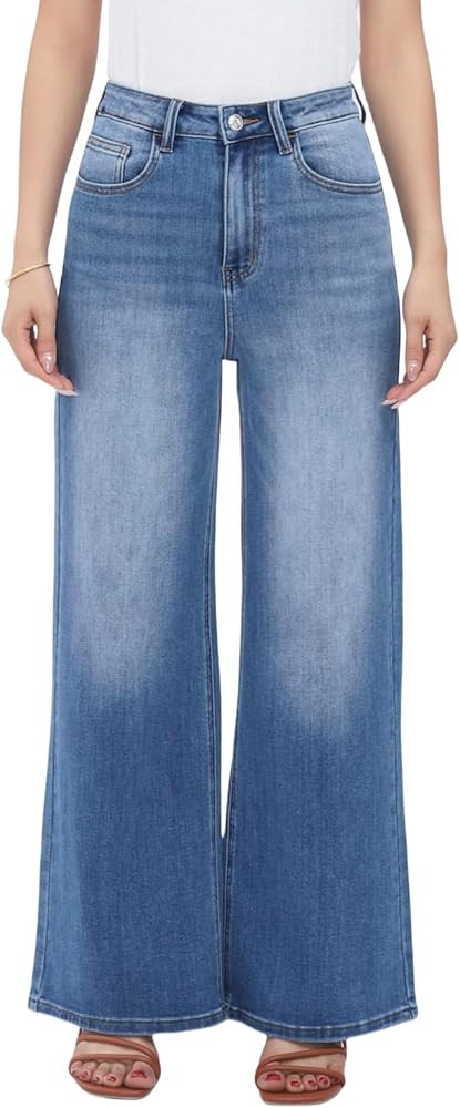 BlueMoment High Waisted Wide Leg Jeans for Women Stretchy Baggy Jeans Trendy BBL Jeans Raw Hem Lo... | Amazon (US)
