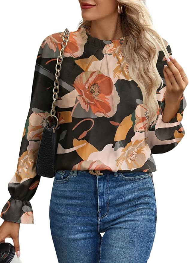 Women's Swiss Dot Shirt Ruffle Long Sleeve Pleated Crewneck Blouse Casual Loose Tops | Amazon (US)