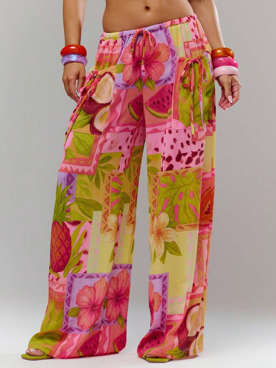 Musera Resort Printed Floral Linen Wide Leg Beach Trousers Swim Cover Up Vacation Holiday Summer ... | SHEIN