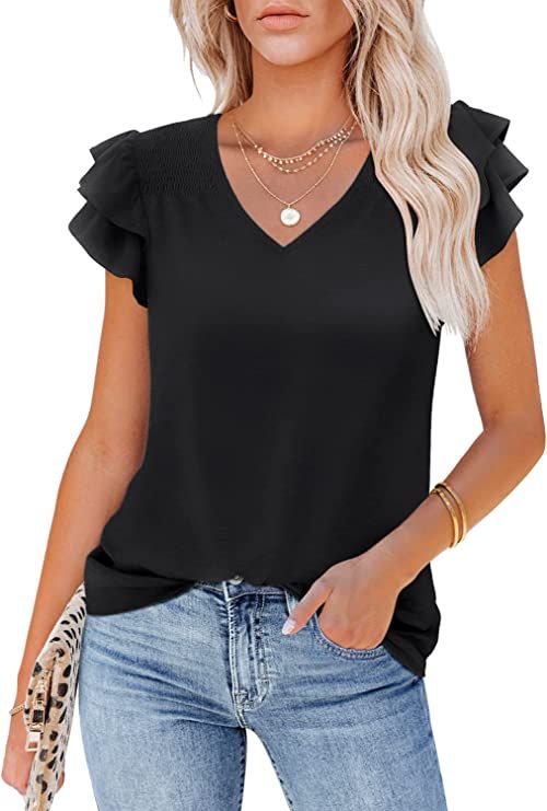 MIHOLL Women's Summer Top V Neck Ruffle Short Sleeve Casual Loose Tee T-Shirts | Amazon (US)