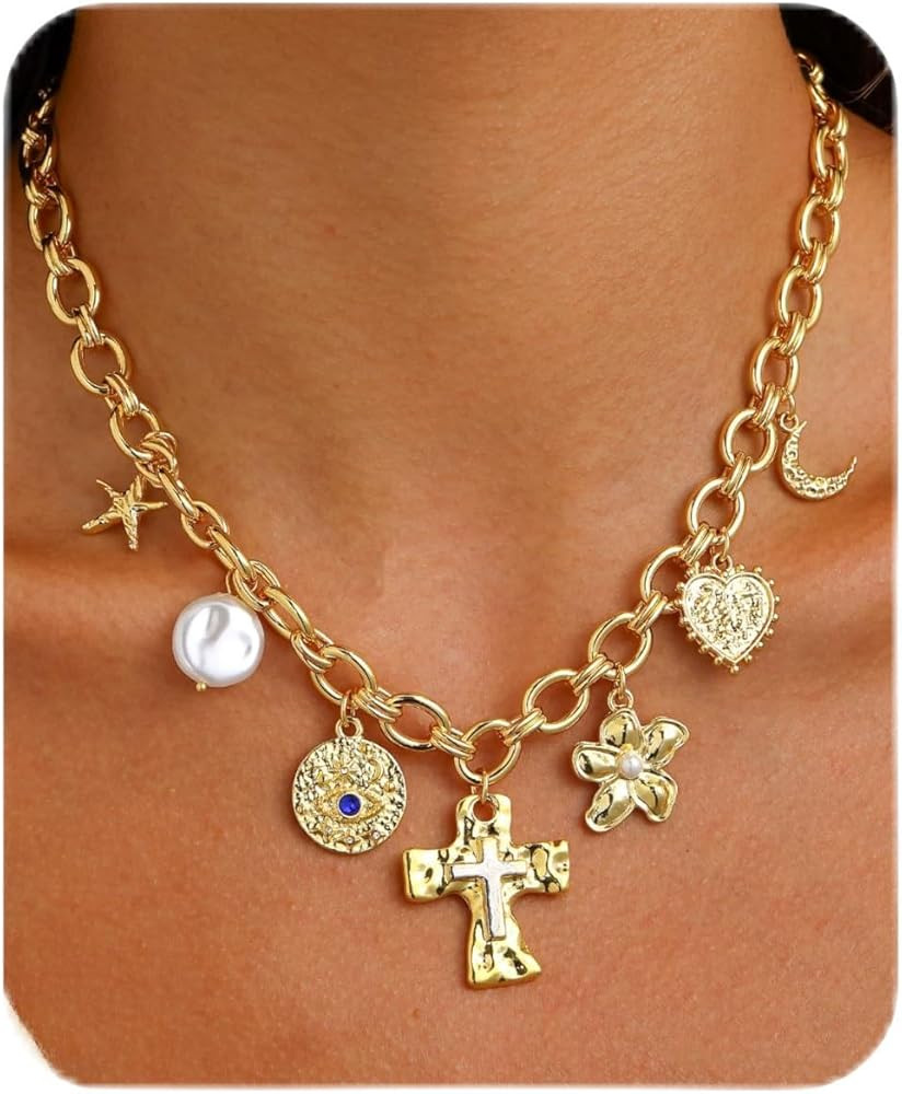 Chunky Charm Cross Pearl Necklace For Women Seashell Shell Starfish Beach Bow 14K Gold Plated Pen... | Amazon (US)