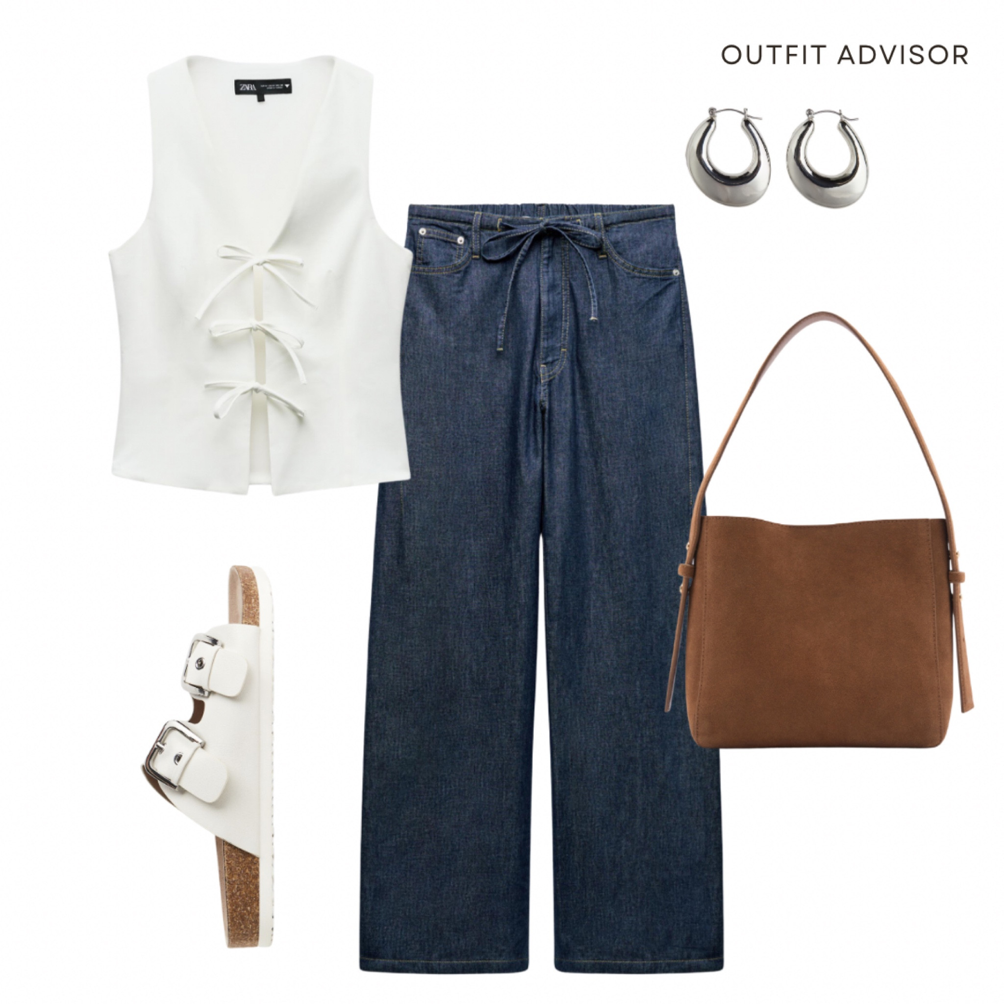 Chic summer outfit inspo: a cute top with front ties (from Zara) and jeans (Zara), white birkenstocks, a brown suede bag and silver earrings 

#LTKsummer #LTKstyletip #LTKbag