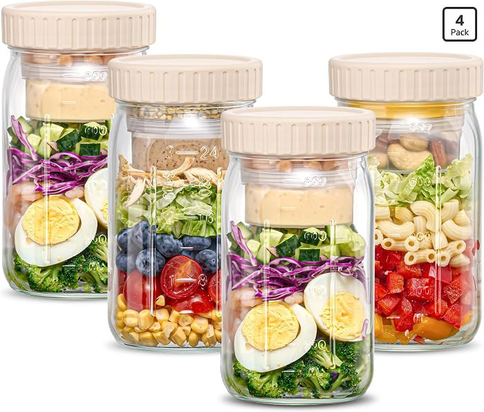 Danmu 32 oz Salad Jars with 2 Dressing Cups - Glass Mason Jar Meal Prep Containers,Wide Mouth,Lea... | Amazon (US)