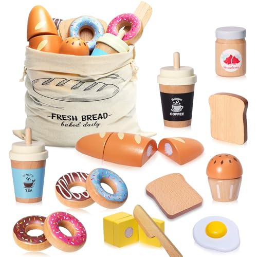 Wooden Bakery Playset Food Toys, Kids Pretend Play Food Baking Set Kitchen Accessories with Storage Bag, Pretend Play Bread Cutting Food for Boys Girls 3+ | Amazon (US)