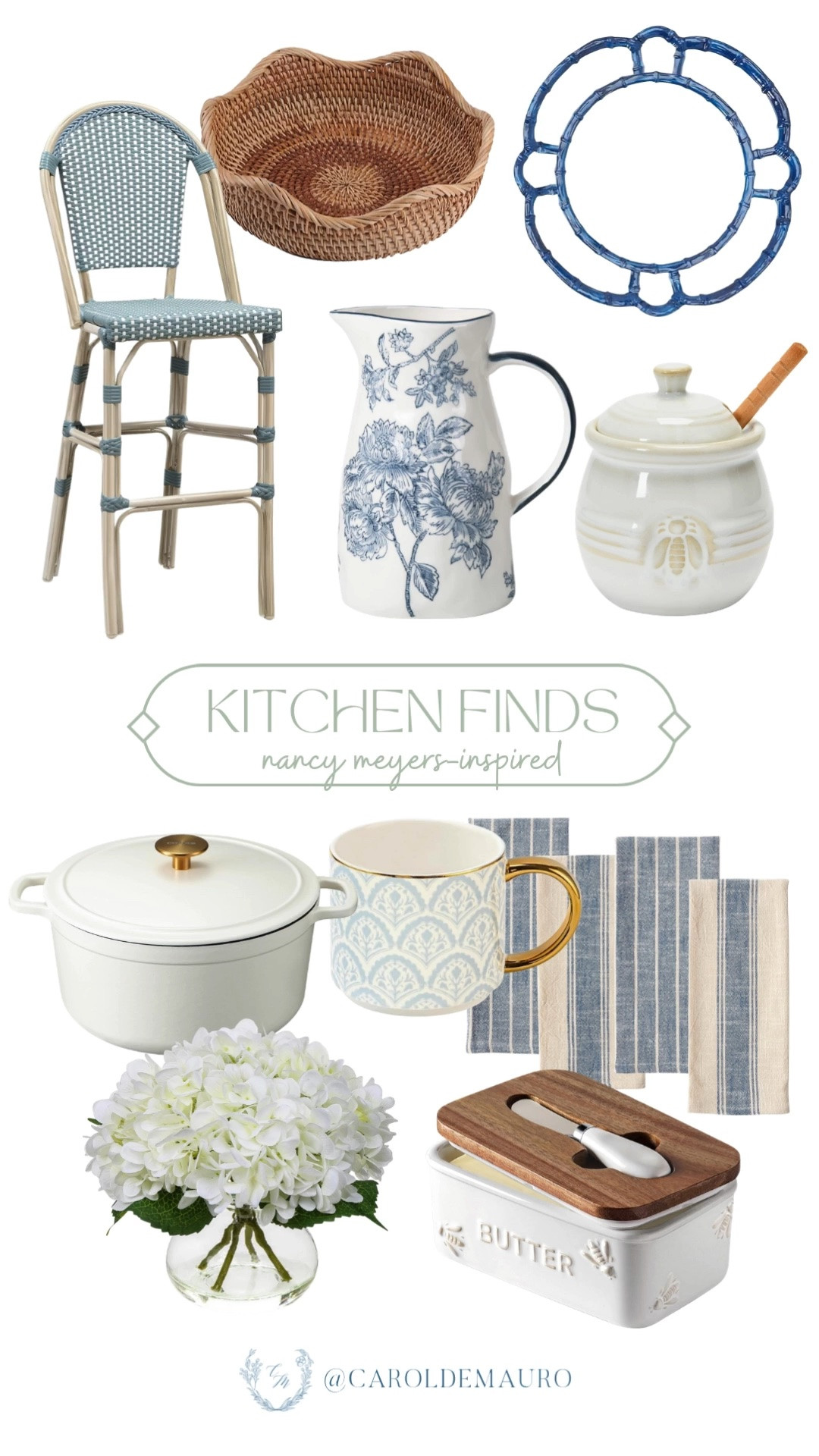 nancy meyers, kitchen finds, coastal style, white and blue, bar stool, woven home decor, faux hydrangeas, cookware, ceramic pitcher, linen table napkin

#LTKHome #LTKfoodie