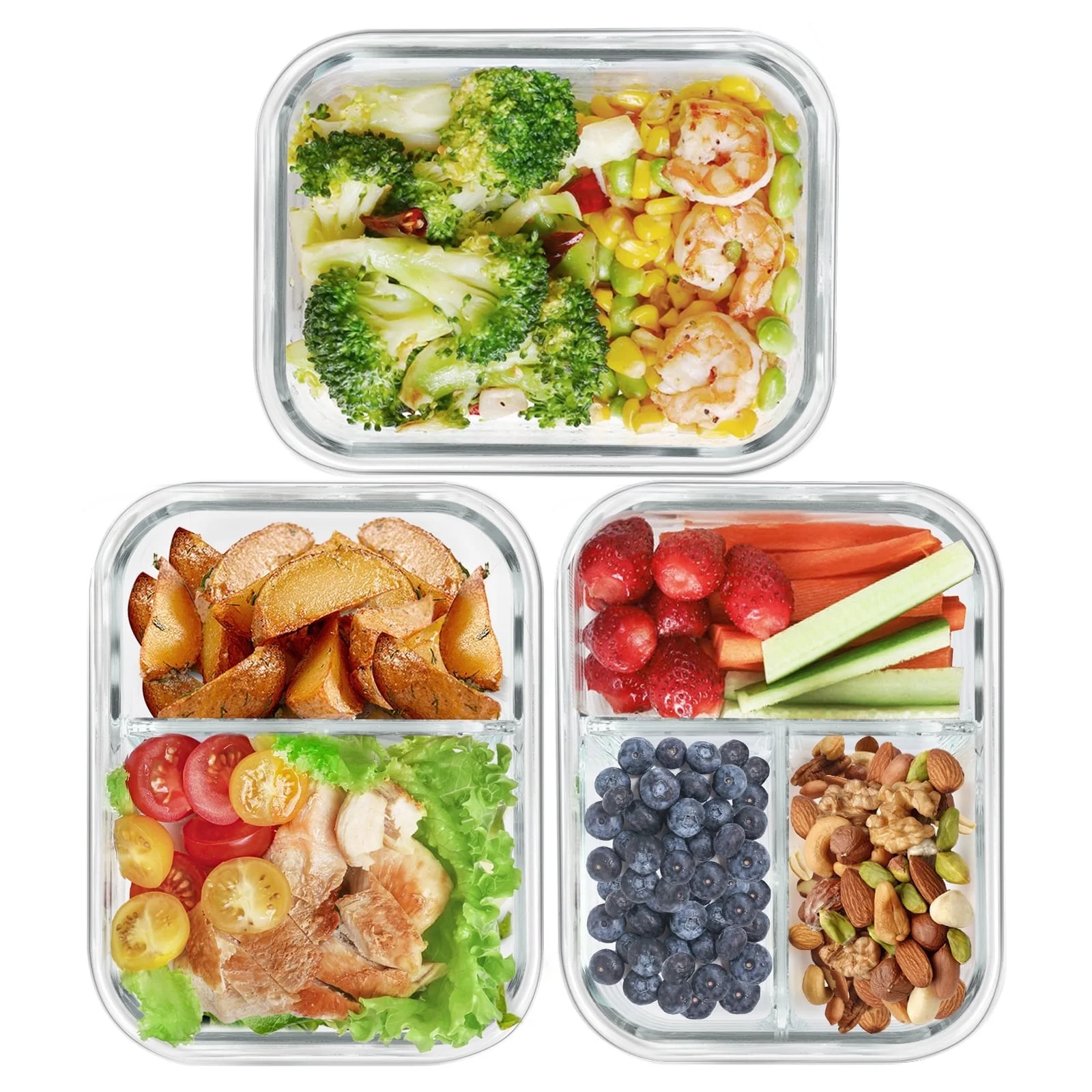 6 Pcs Glass Food Storage Containers with Lids, 1 & 2 & 3 Compartment Glass Airtight Meal Prep Con... | Walmart (US)