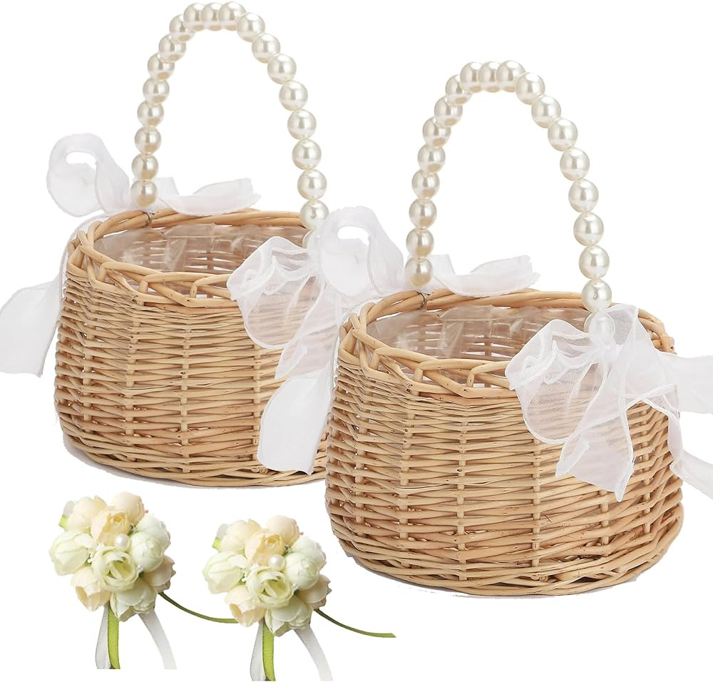 2PCS Wicker Rattan Flower Girl Basket with 2PCS Wedding Wrist Corsage, Handwoven Wicker Basket wi... | Amazon (US)