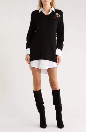 Cinq à Sept Santina Brooch Long Sleeve Twofer Sweater Dress in Black/White at Nordstrom Rack, Size Small | Nordstrom Rack