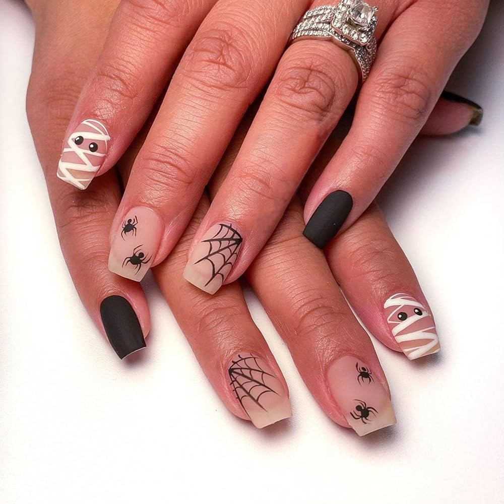 Halloween Press on Nails Square Short Fake Nails with Spider & Mummy Designs Acrylic Nails Press ... | Amazon (US)