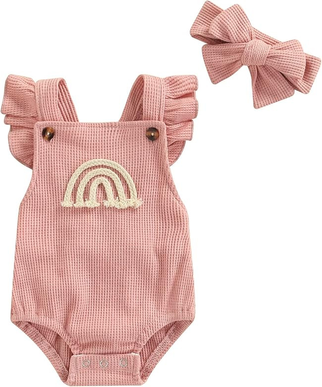 Engofs Boho Rainbow Baby Girl Clothes Newborn Infant Ruffled Sleeveless Romper with Headband Outf... | Amazon (US)